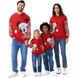 Disney Mickey and Friends Family Matching Christmas Hooded Sweatshirt Casual Mickey Snow Pattern Long Sleeve Pullover Hoodies (X-Large, Red)