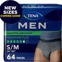 TENA Men Incontinence Underwear, Maximum Plus Absorbency, Adult Diapers, Small/Medium (Waist Sizes 34in-50in), 64 Count (4 packs of 16)