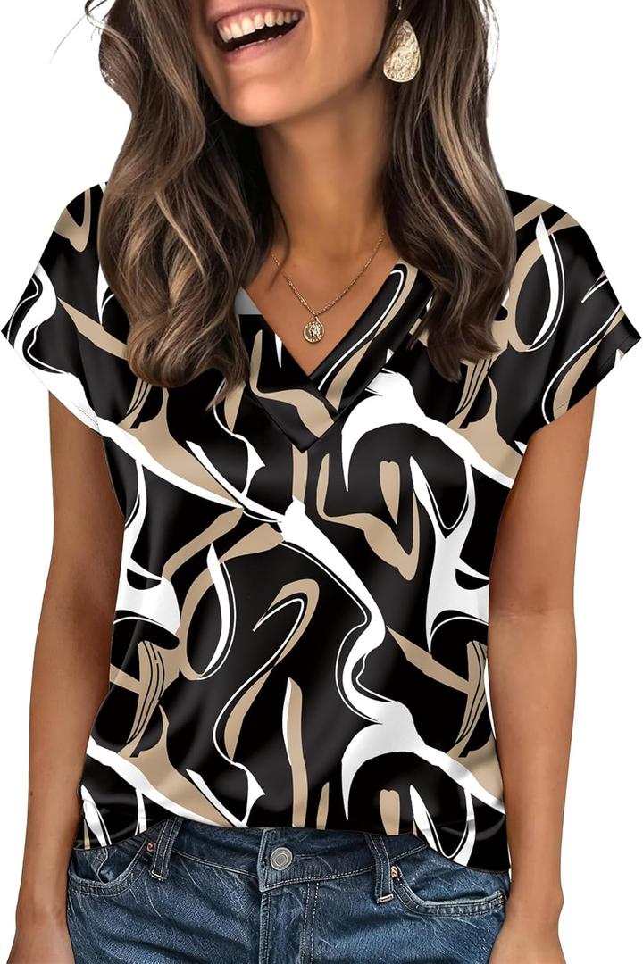 Zeagoo Women Silk Satin Tops Cap Short Sleeve Blouse V Neck Shirts Business Casual Outfits, XL (Cx312)