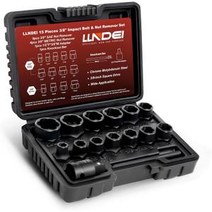 LLNDEI Bolt Extractor Kit, 15PCS Easy Out Stripped Lug Nut Removal Set with 3/8-Inch Drive, Heavy Duty CR-MO Steel with Adapter, Professional Mechanic Tools for Removing Broken Nut and Bolt