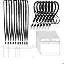 100Pcs Clear Plastic Horizontal Name Tags Badge ID Card Holders and 100Pcs Black Lanyards with Clip lanyards for id Badges (Black
