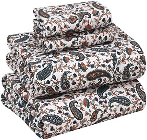 RUVANTI 100% Cotton Queen Size Bed Sheets, 4 Pieces, Soft & Breathable Percale Weave Bedding, Deep Pocket 16", Hotel Standard, Crisp Cool Feel, Durable, Perfect Sheet Set Floral, Teal Paisley