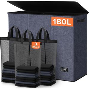 SOLEDI 180L 3-Section Laundry Hamper with Lid, Extra Large Dirty Clothes Basket with Sturdy Handles for Laundry Room & Bedroom - Durable Organizer for Sorting Laundry (Navy blue)
