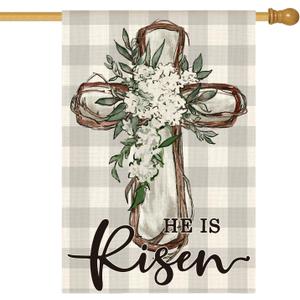 AVOIN colorlife He Is Risen Easter House Flag 28x40 Inch Double Sided, Buffalo Plaid Lily Cross Yard Outdoor Decoration (green)