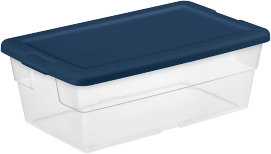 Sterilite Stackable 6 Quart Clear Home Storage Box with Handles and Blue Lid for Efficient, Space Saving Household Storage and Organization, 5 Pack