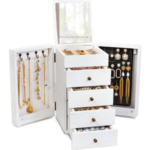 Meangood Jewelry Box Wood for Wowen, 5-Layer Large Organizer Box with Mirror & 4 Drawers for Rings, Earrings, Necklaces, White