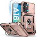Goton Compatible with Samsung Galaxy A16 5G Case with Camera Cover & Kickstand Ring with Tempered Glass Screen Protector, Military Grade Shockproof Protective Bumper Cover Rose Gold