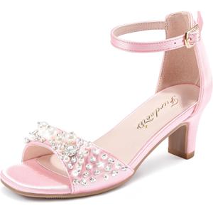 Furdeour Heels for Girls Dress Shoes Pearl Sandals Flower Girl Shoes Princess Teen Big Kids Wedding Dance Birthday Party Pageant (Pink)