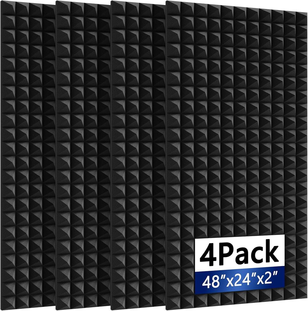 4Pack Sound Proof Foam Panels |48"24"2" Quick-Recovery Soundproof Wall Panels | High Density Sound Dampening Panels for Home Studio (4Pack Black Pyramid)