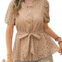 CiCiBird Women Dressy Button Blouses Puff Short Sleeve Tops Elegant Peplum Tie Front Shirt Eyelet Lace Embroidered Top (Small)