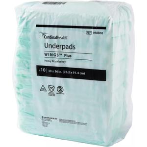 Cardinal Health Underpads, Wings Plus, Heavy Absorbency, Green, 30 x 36IN, Case of 50