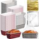 50 Sets Christmas Paper Loaf Pan 6.3 x 2.2 x 2.2 Inch Mini Disposable Bread Pans with Clear Plastic Bags and Ties Rectangle Baking Mold Loaf Containers for Bread Cake Baking (Plaid Style)