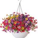 HyeFlora Artificial Faux Hanging Flowers Plants Basket for Outdoor Outside Decoration, Fake Silk Colorful Daisy in Planter for Porch Patio Garden Yard Home