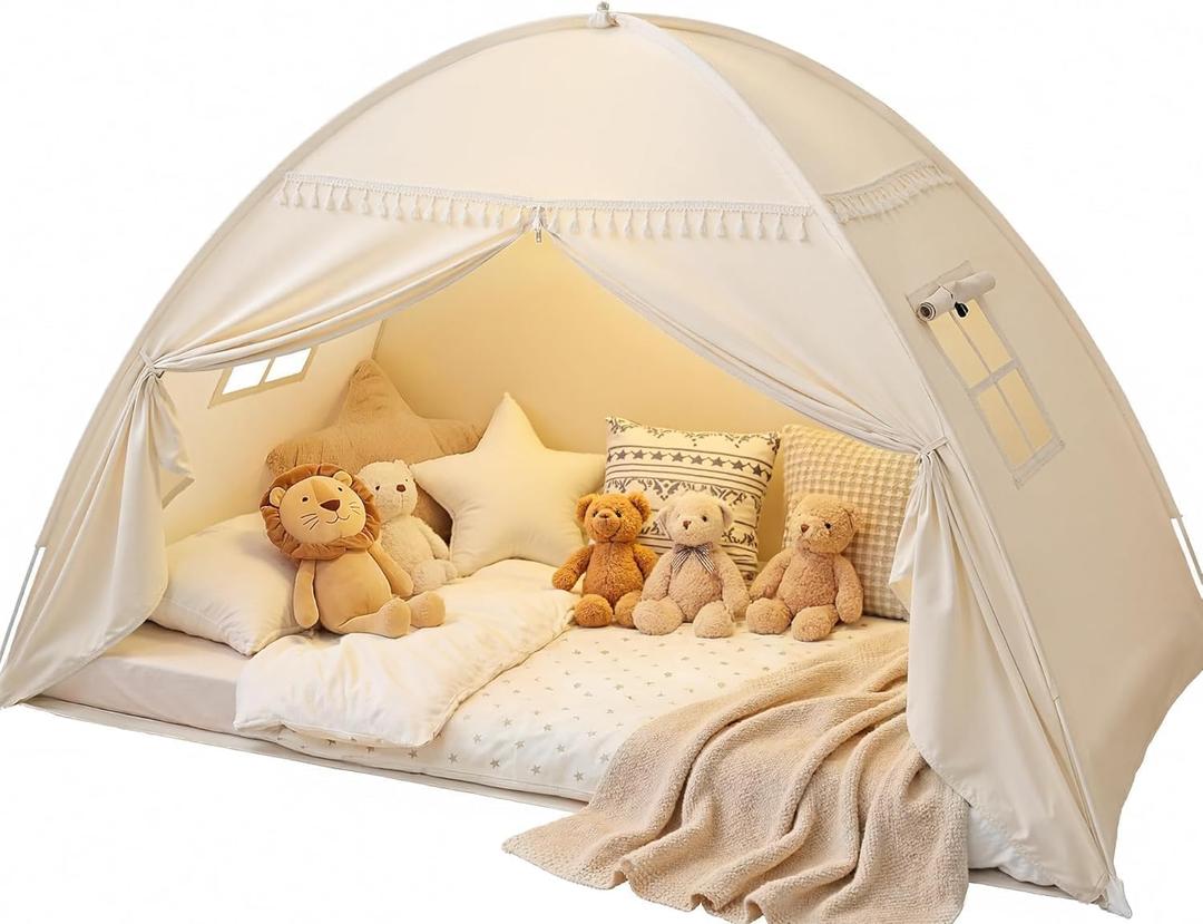 Sumbababy Twin Bed Tent for Kids Indoor, Toddler Bed Canopy with Star Lights & Flags, Twin Size Teepee Tents for Boys Girls Inside Bedroom Golden Beige, 75x40x46"(Suggested for Twin)