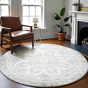 Carvapet Round Rugs, Vintage Circle Rug, Washable Non Slip Rubber Backing Foldable Low Pile for Living Room Bedroom, 6ft Grey Rug