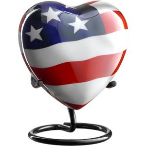 American Flag Heart Urn Keepsake - Small Heart Cremation Urn with Stand & Box - Patriotic Mini Urn for Veteran Police Army Heart Shaped Urn - Heart Urn for Adults & Infants