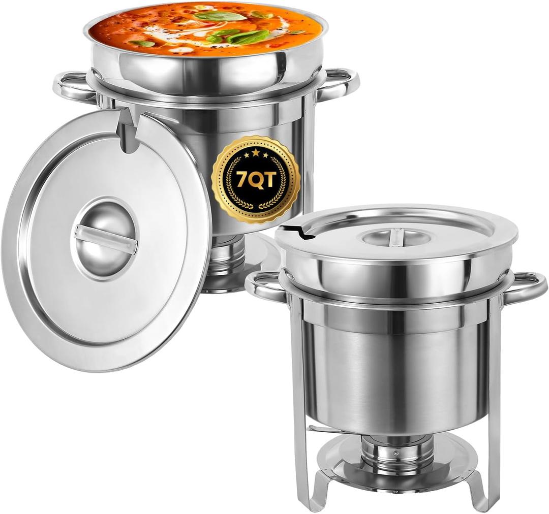 IMACONE Soup Chafer 7QT Large Capacity Soup Chafer Sets of 2, Stainless Steel Round Soup Warmer w/Pot, Notched Lid & Fuel Holder, Catering Marmite for Party, Buffet, Event & Commercial Food Service