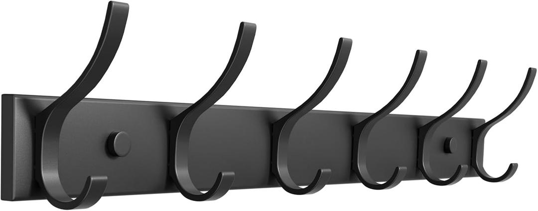 Coat Rack Wall Mount with 6 Hooks (Black, 1 Pack), Heavy Duty Coat Hooks Wall Mount for Entryway, Bedroom, Closet, Wall Hooks for Hanging Hats, Bags, Purses