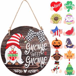 CYNOSA Interchangeable Seasonal Gnome Sweet Gnome Welcome Sign Front Door Decor Wooden Gnome Door Hanger, 12 Inches Farmhouse Wall Sign Gnome Decor (Brown)