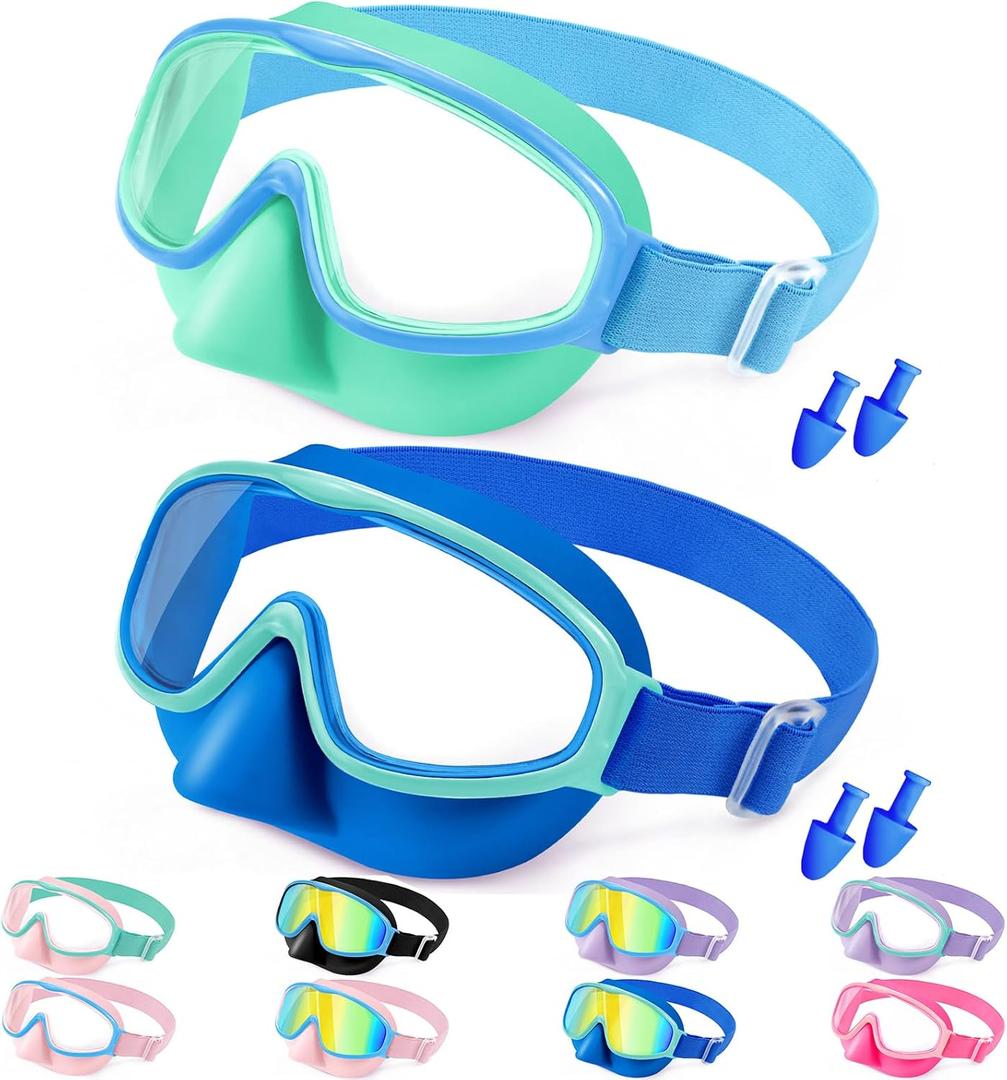 Vvinca Kids Goggles with Comfort Fabric Strap, Kids Swim Goggles Wide View Anti-Fog/UV No Leaking Swimming Goggles for 3-14 (10-blue& Lemon Green)