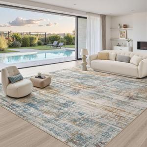 12x15 Area Rug for Living Room: Extra Large Neutral Abstract Carpet Modern Soft Low Pile Non-Slip Stain Resistant Washable for Open Floor Plan Bedroom Dining Office Indoor Decor Blue Brown
