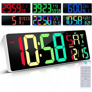 Large Digital Wall Clock Large Display 17.2" Big Digital Timer with 9 Groups Timer Remote Control for Gym Classroom 10 Colors for LED Wall Clock with Temperature Date Week DST Dynamic RGB