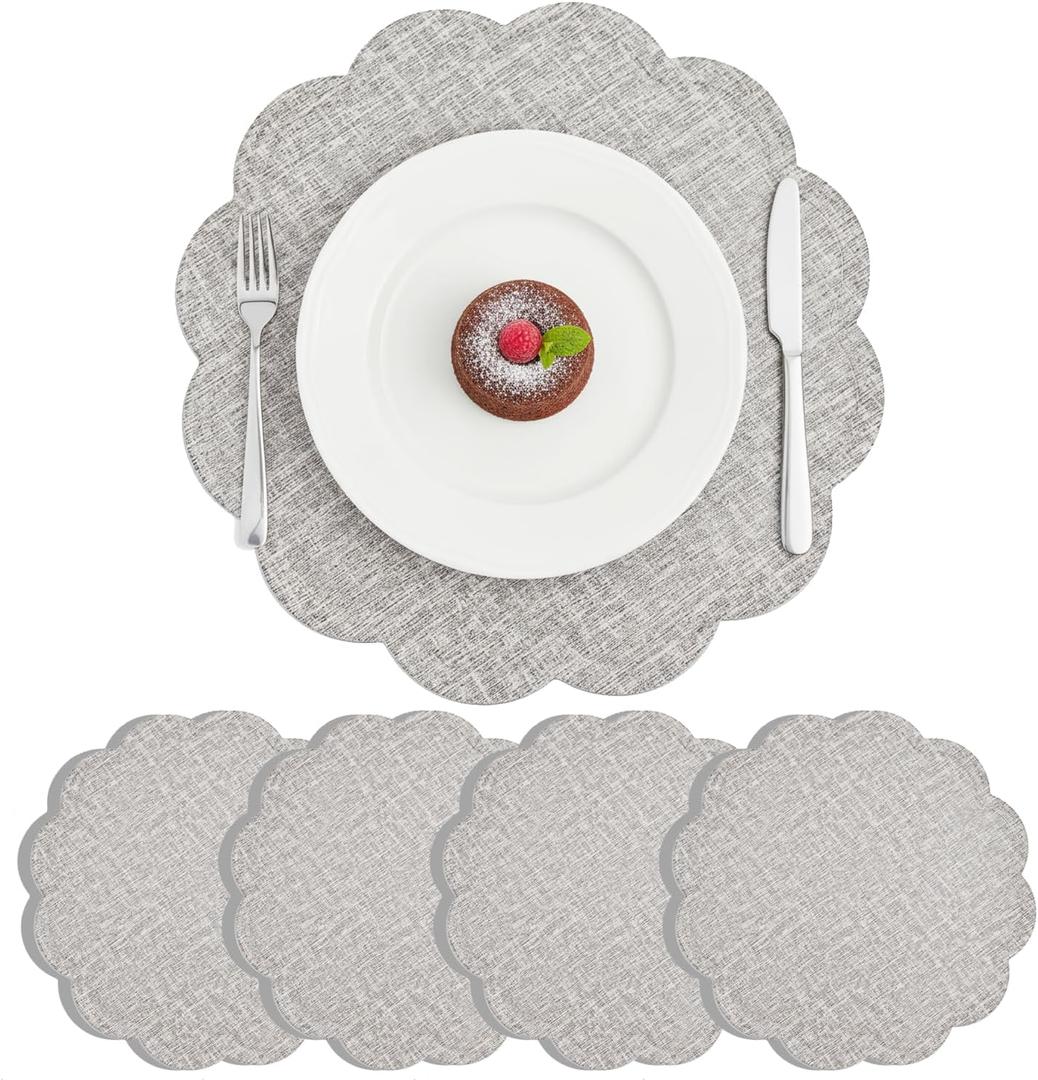 Flower Placemats Set of 4, Reversible Heat Resistant Faux Leather Table Mats, Waterproof Oilproof Table Protective Non-Slip Tablemats for Kitchen, Dining Room (Gray)