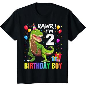 Kids 2 Year Old 2nd Birthday Boy T Rex Dinosaur T-Shirt, 2T
