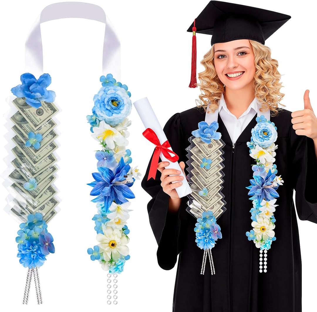 Graduation Money Lei Class of 2026 - Graduation Ribbon Lei with Secure Cash Pockets, 66'' Blue Hawaiian Flower Graduation Necklace for Women Men, Grad Gift & Party Accessories for High School College