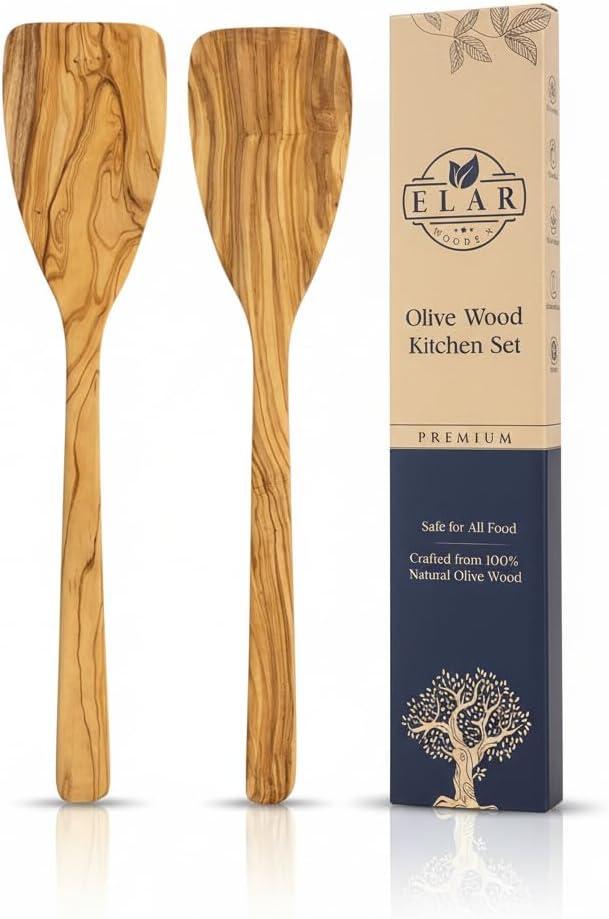 Olive Wood Spatula Set of 2 - Artisan Handcrafted 12" Curved Wood Turners - 100% Natural, Food-Safe Oil Finish - Durable Solid Kitchen Utensils for Nonstick Cookware - Unique Grain