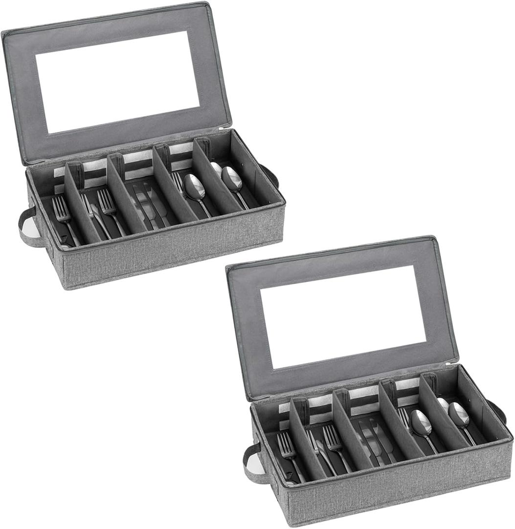 Flatware Storage Box 2 Pack, Silverware Storage Box Case Chest with Adjustable Dividers, Silverware Holder with Zipper Lid for Organizing Cutlery, Utensil, Flatware, Knives, Large Capacity Gray
