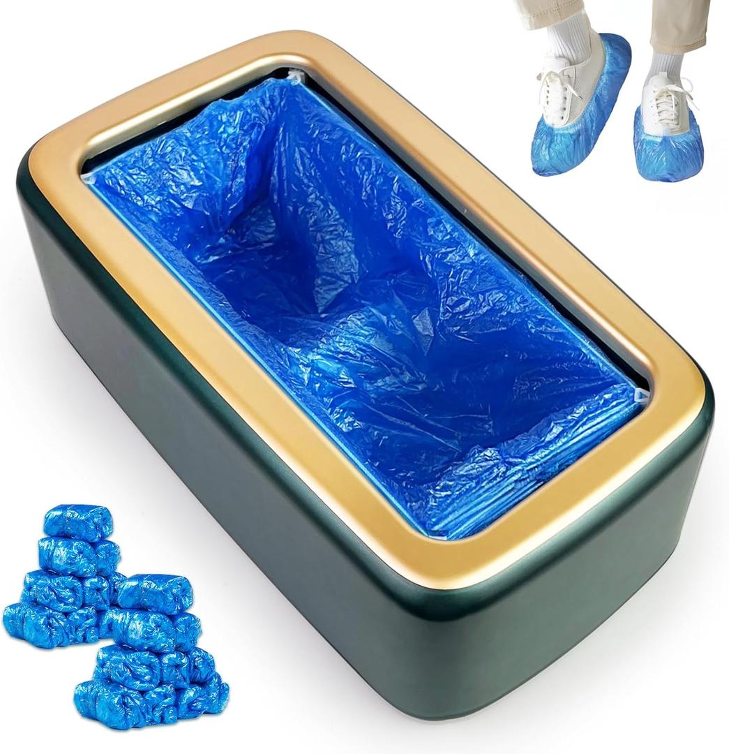 Automatic Shoe Cover Machine with 200pcs Disposable Shoe Covers Shoe Cover Dispenser Shoe Cover Machine Shoe Covers Disposable Non Slip Waterproof, Suitable for Indoor (Green-Gold Cover)