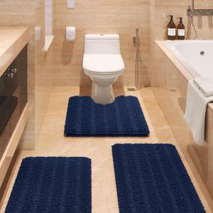 ACCUMTEK Striped Navy Blue Bathroom Rug Set 3 Pieces Ultra Soft, Non Slip Chenille Toilet Mat, Absorbent Plush Shaggy Bath Mats for Bathroom, Bedroom, Kitchen (2'8"x1'8"+2'1'5"+U Shape 2'x1'8")