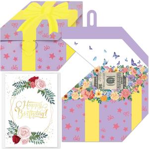 Unique Gold Foil Birthday Cards with Envelopes - Fun Playful Birthday Money Cards, Gift Box Open Design, Exquisite Women's Cards for Family, Kids, Friends Birthday Cards (Purple)