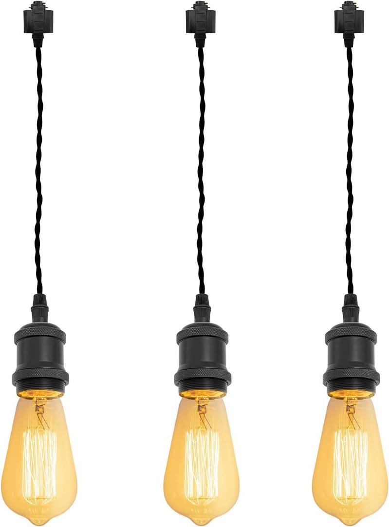 Kiven H-Type Wire Track LightPendants, 15.7 Inch Cord Length Black Weave Rope, Restaurant DecorativePendant Light Industrial Pendant Lamp 3 Pack,Bulb Not IncludedMatte Black