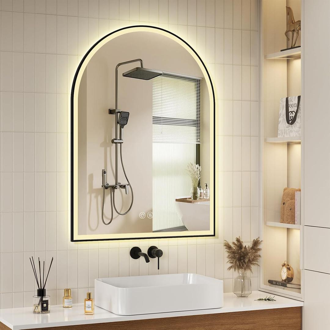 40''x30'' Arched LED Bathroom Mirror with Lights, Lighted Mirrors for Bathroom Wall, Anti-Fog, 3 Colors Dimmable, Memory Function, Backlit + Front Lit, Waterproof, Shatter-Proof, Black Framed Arched
