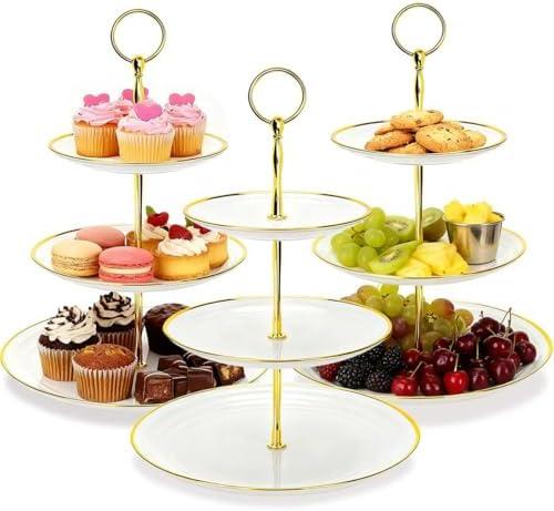 MTOPHLS 3 Pack Gold Rim Dessert Cupcake Stand Tower 3 Tier for Tea Party, Plastic Tiered Serving Tray Stand Holder with Gold Rod for Cupcakes, Donuts, Fruits and More (Round)