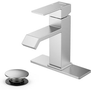 Single Handle Bathroom Faucets, HURRAN Brushed Nickel Bathroom Sink Faucet Stainless Steel Vanity Faucet(1 Hole or 3 Holes), Modern Basin Faucets for RV Restroom Sink with Deck Plate and Pop-up Drain
