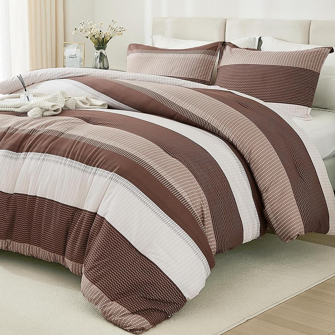Litanika Brown Comforter Set Twin/Twin XL - 2 Pieces Lightweight Brown White Colorblock Stripe Fluffy Bedding Comforter Sets, All Season Bed Set