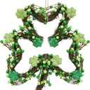 St Patricks Day Wreath for Front Door, Artificial Saint Patrick's Day Door Wreath with Glitter Foam Shamrock Green Berries, St Pattys Wreaths Decorations for Wall Mantel