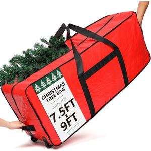 HOMEST Christmas Tree Storage Bag, Fits for 7.5-9 ft Xmas Artificial, Zippered Bag with Reinforced Carrying Handles and Wheels, Red (Bag Only)