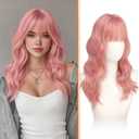Haloo Pink Wigs with Bangs - 20 Inch Long Soft Wavy Natural Looking Synthetic Heat Resistant Hair Wig for Women Daily Party