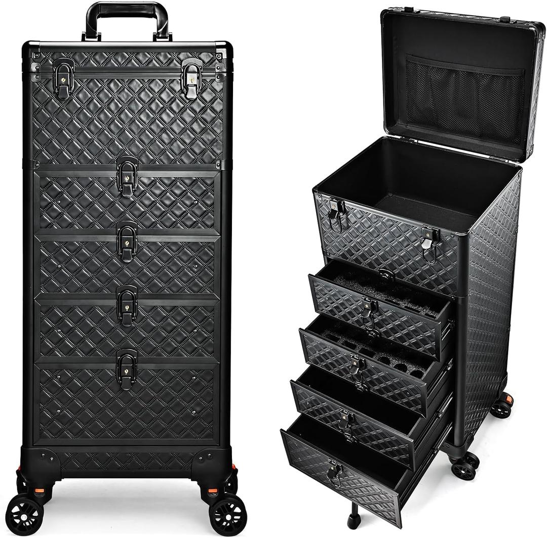 Yueieoun Nail Salon Cart with 4 Drawers,Rolling Makeup Train Case for Beauty,Cosmetology Case on Wheels,Trolley Cart,Lockable Organizer Travel Case for Manicure/Face Painting/Hairstylist/Tattoo Artist