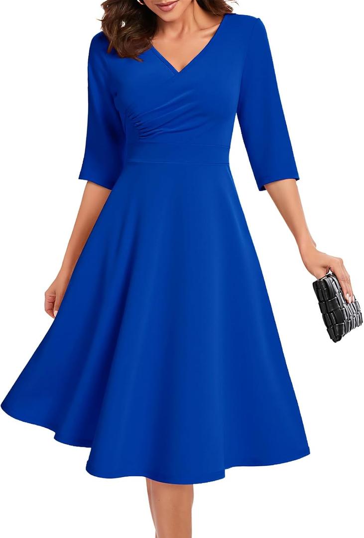 Bbonlinedress Midi Cocktail Dress Formal Wedding Guest 3/4 Sleeve Church V-Neck Work A-Line Swing Tea Party Dress (Blue, L)
