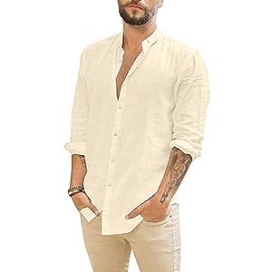 Mens Casual Long Sleeve Cotton Linen Shirts Buttons Down Solid Plain Roll-Up Sleeve Summer Beach Shirts S