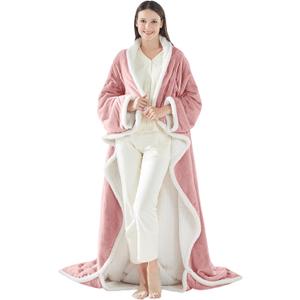 Sealy Electric Blanket Wearable with Foot Pocket, Electric Snuggle Blanket with Sleeves, Flannel & Sherpa Heating Throw with 6 Heat Settings & 2-10 Hours Auto Shut Off, 50 * 70"+18", Pink