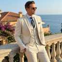 Suits for Men Slim Fit Formal Mens Suits 3 Piece Jacket Vest Pants Wedding Prom Men's Tuxedo Suit Set (Beige, XXXL)