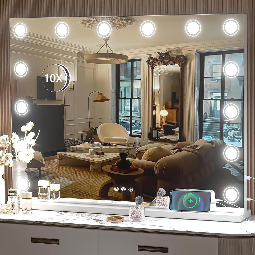 Hasipu Vanity Mirror with Lights, 32" x 24" Makeup Mirror, Light up Mirror with 14 Dimmable LED Lights and 10X Magnification, 3 Colors Modes, Touch Control, USB Charging Port, White