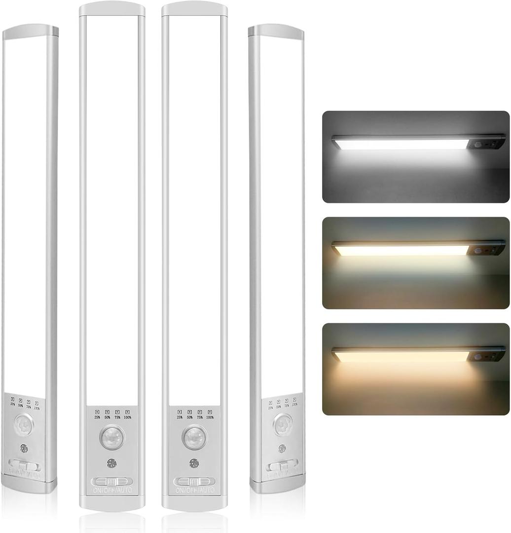 Under Cabinet Lighting, 4Pack Motion Sensor Light Indoor with 3 Color Temps, Rechargeable Under Counter Lights for Kitchen,Dimmable Closet Lights Battery Operated, 76 LED Motion Sensor Light Indoor