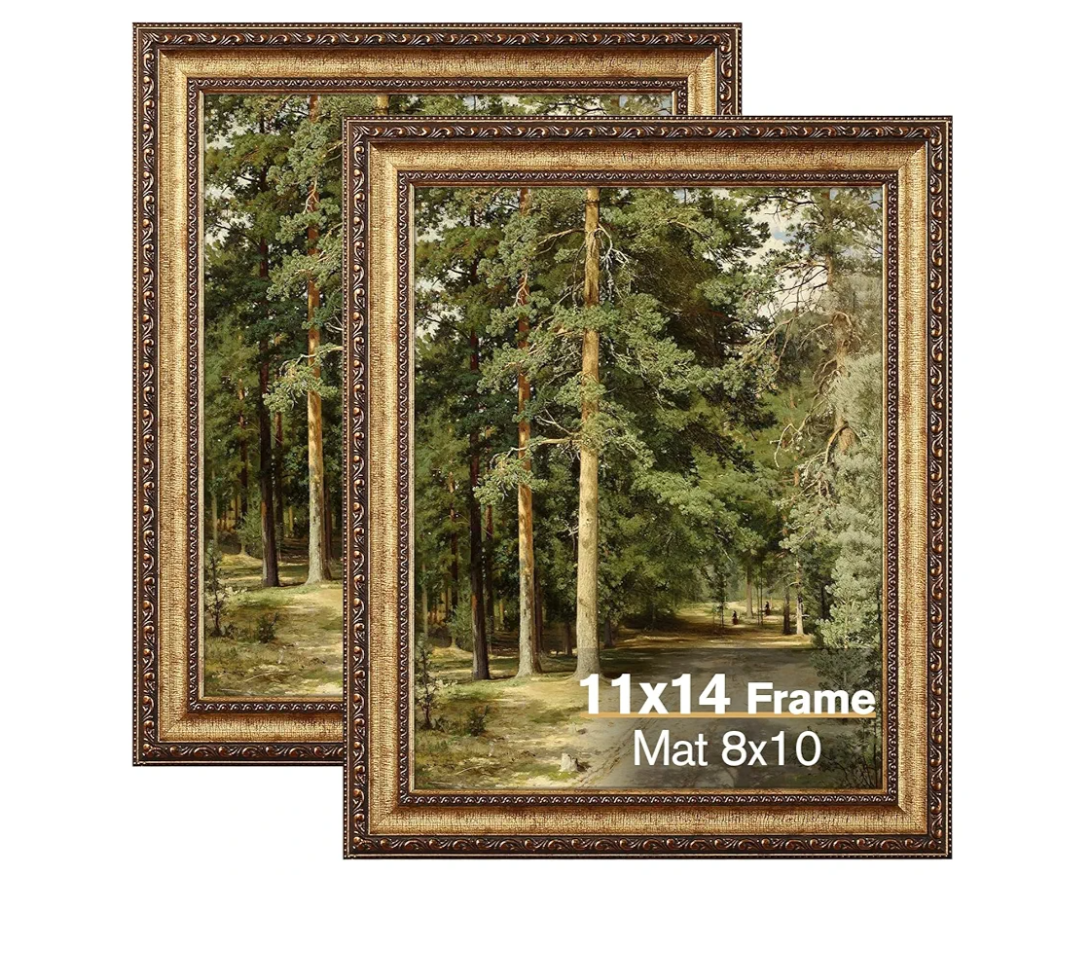 11x14 Gold Picture Frame, 2 Pack Ornate Vintage Picture Frames for Wall or Tabletop Display, 11 x 14 Photo Frame Gold with Real Glass, Display Poster 8x10 with Mat or 11x14 without Mat for Antique Déco